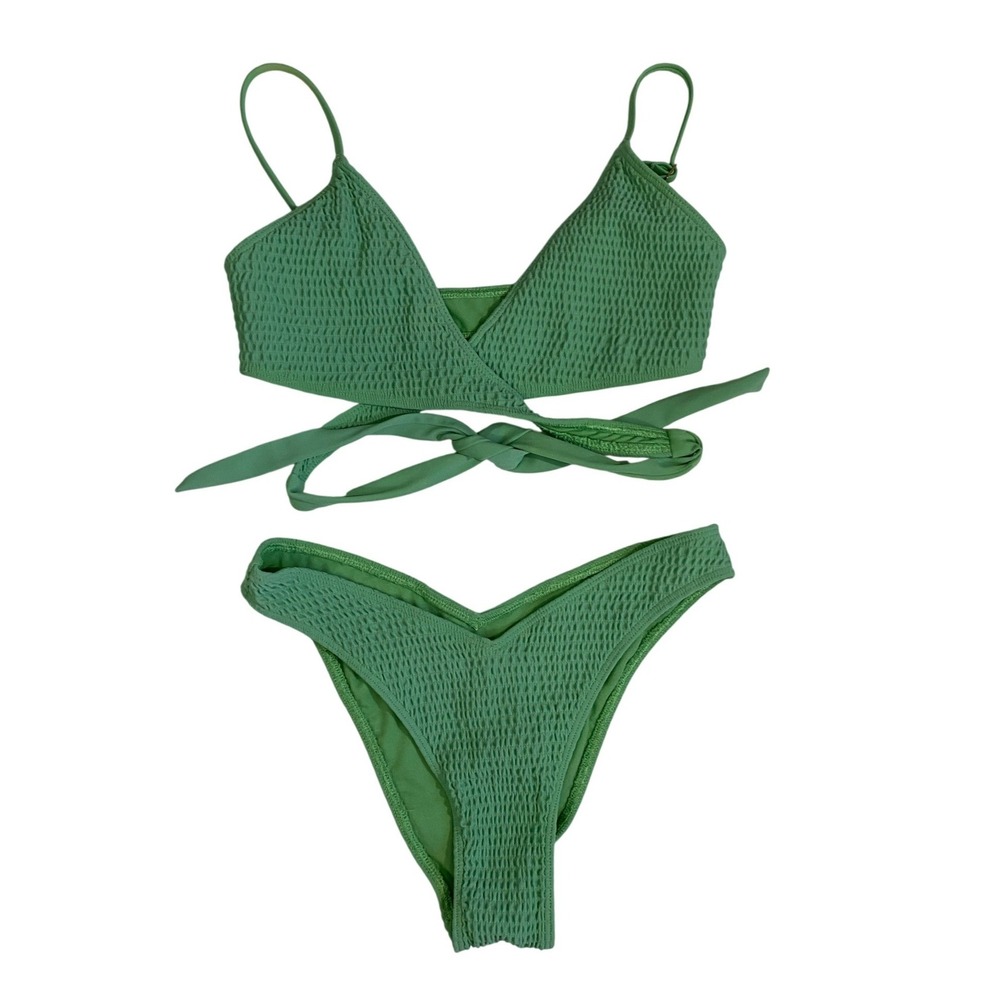 Hollister Sage Green Textured Triangle Wrap Bikini Set S Top XS Cheeky Bottoms